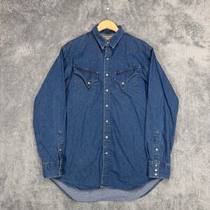 Schaefer Denim Shirt Mens XL Blue Western Pearl Snaps Flap Pockets Yoke USA Made